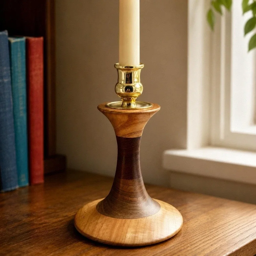 Turned Wood Brass Candlestick The Final Turn Artisan Signed Adirondack NY ~ 7